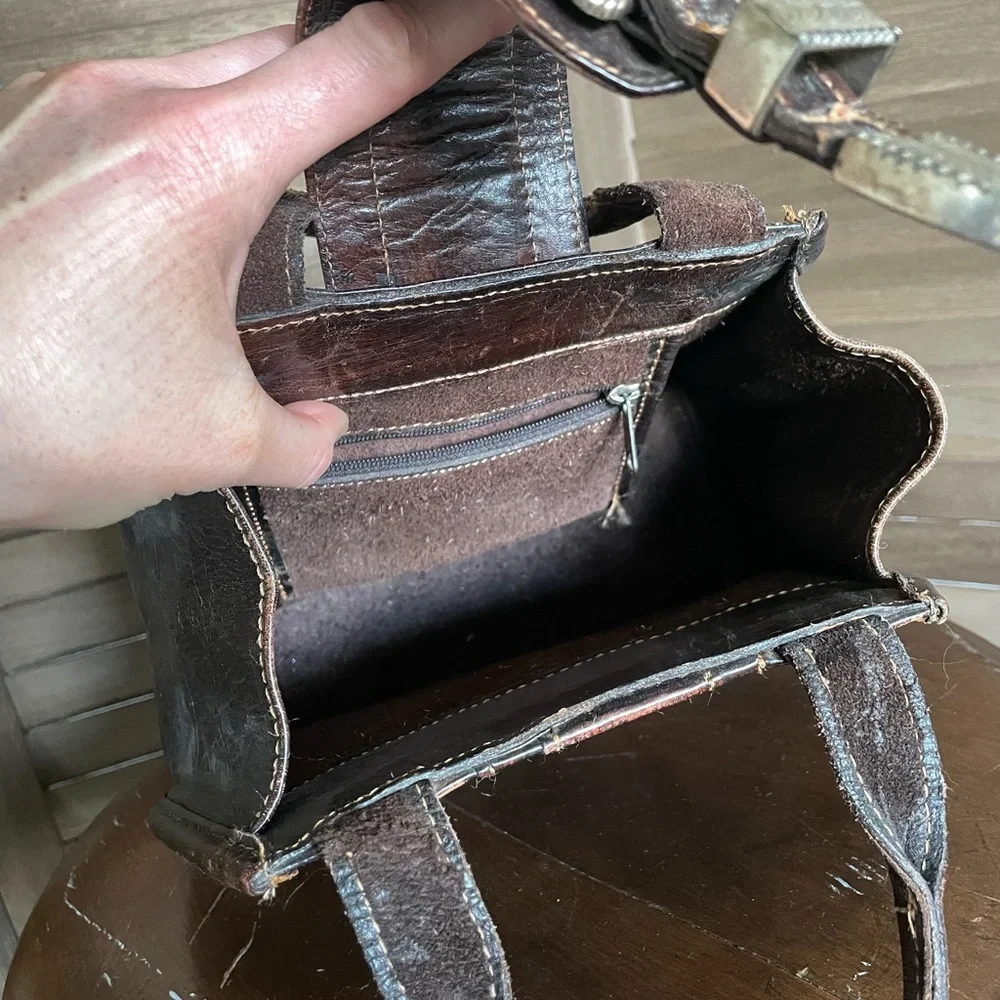Vintage American West Western Tooled Leather Floral Satchel Tote Handbag Dark - Picture 7 of 10